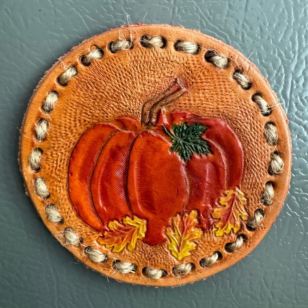 Handmade handcarved pumpkin in leather magnet